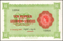 SEYCHELLES. Government of Seychelles. 10 Rupees, 1967. P-12d. About Uncirculated.

An elusive late January 1st 1967 date is found on this 10 Rupees ...