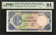 SOMALIA. Banca Nazionale Somala. 100 Scellini, 1971. P-16a. PMG Choice Uncirculated 64.

Printed by OCV. 100 Scellini = 100 Shillings. Watermark of ...
