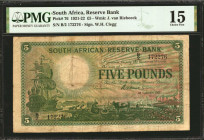 SOUTH AFRICA. South African Reserve Bank. 5 Pounds, 1921-22. P-76. PMG Choice Fine 15.

Watermark of J. van Riebeeck. Signature of W.H. Clegg. At th...