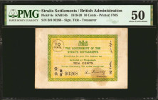 STRAITS SETTLEMENTS. Government of the Straits Settlements. 10 Cents, 1919-20. P-6c. PMG About Uncirculated 50.

Printed by FMS. Signature title of ...