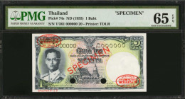 THAILAND. Government of Thailand. 1 Baht, ND (1955). P-74s. Specimen. PMG Gem Uncirculated 65 EPQ.

Printed by TDLR. Specimen No. 20. Two punch canc...