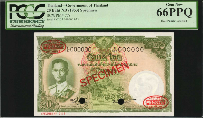 THAILAND. Government of Thailand. 20 Baht, ND (1953). P-77s. Specimen. PCGS Curr...