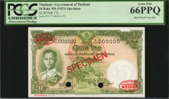 THAILAND. Government of Thailand. 20 Baht, ND (1953). P-77s. Specimen. PCGS Currency Gem New 66 PPQ.

Hole punch cancelled. Specimen serial number 2...