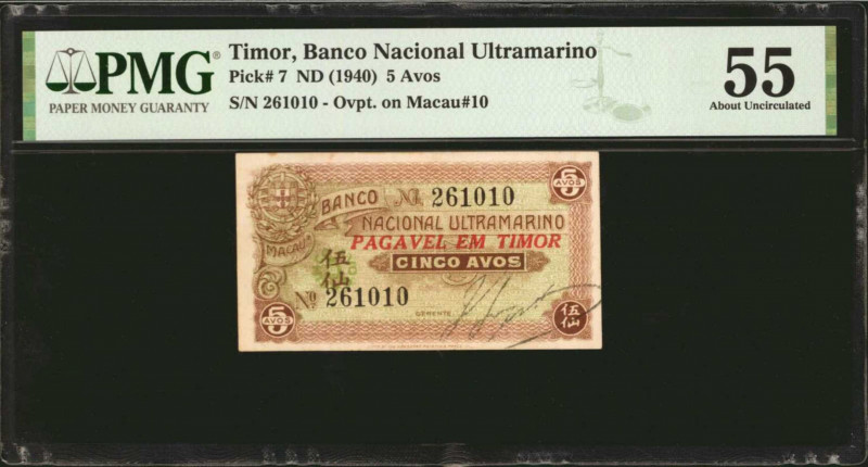 TIMOR. Banco Nacional Ultramarino. 5 Avos, ND (1940). P-7. PMG About Uncirculate...