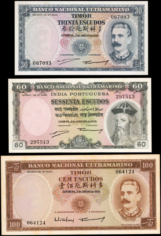 TIMOR. Lot of (3). Banco Nacional Ultramarino. 30, 60 & 100 Escudos, 1959. P-22 ...