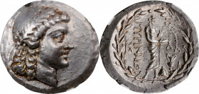 AEOLIS. Myrina. AR Tetradrachm (16.55 gms), ca. 160-143 B.C. NGC EF, Strike: 3/5 Surface: 4/5.

BMC-12. Stephanophoric type. Obverse: Laureate head ...