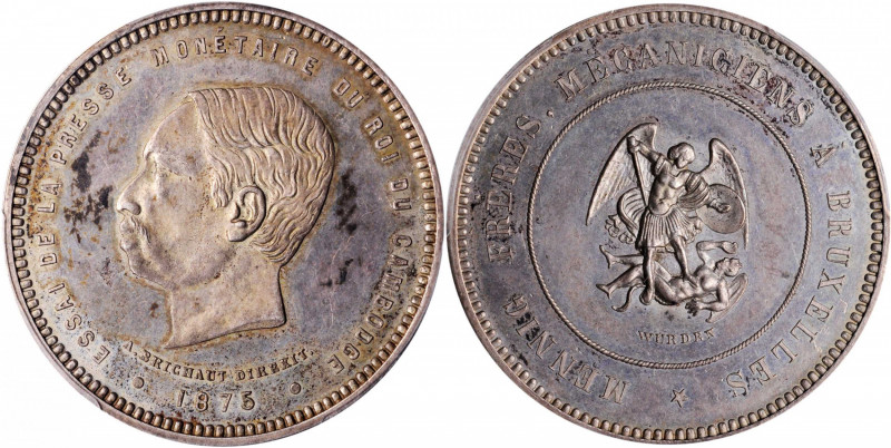 CAMBODIA. Silver Medallic 5 Francs Trial Strike, 1875. Mennig Brothers (Brussels...