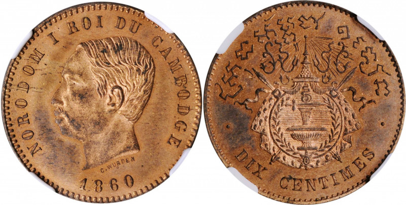CAMBODIA. Bronze 10 Centimes, 1860. Norodom I. NGC SPECIMEN-64 Red Brown.

KMX...