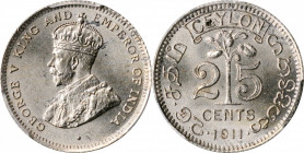 CEYLON. 25 Cents, 1911. PCGS MS-65.

KM-105. Incredibly lustrous and dazzling, this argent Gem radiates with immense brilliance and is tied with jus...