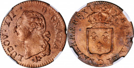 FRANCE. Sol, 1791-D. Lyon Mint. Louis XVI. NGC MS-65 Red Brown.

KM-578.5; Gad-350. Second semester (with dot). Despite its red-brown designation, t...