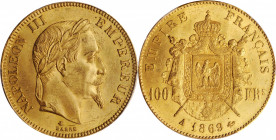 FRANCE. 100 Francs, 1869-A. Paris Mint. Napoleon III. PCGS MS-63.

Fr-580; KM-802.1; Gad-1136. Mintage: 28,872. AGW: 0.9334 oz. The last collectable...