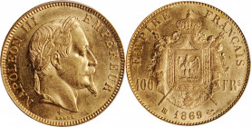 FRANCE. 100 Francs, 1869-BB. Strasbourg Mint. Napoleon III. PCGS MS-61.

Fr-581; KM-802.2; Gad-1136. Mintage: 14,212. AGW: 0.9334 oz. Pale golden th...