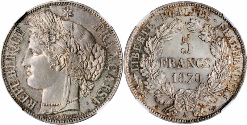 FRANCE. 5 Francs, 1870-A. Paris Mint. NGC MS-63.

Dav-93; KM-819; Gad-743. Wit...