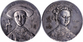 CHINA. Kuang-Hsu & Tsu-Hi Silver Medal, ND (1895). PCGS AU-58.

L&M-933; K-pl #190. Diameter: 34.2 mm; Weight: 17.72 gms. Obverse: Bust of Emperor K...