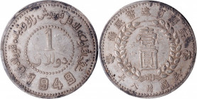 (t) CHINA. Sinkiang. Dollar, 1949. PCGS AU-53.

L&M-842; K-1275; KM-Y-46.2; WS-1326. "One yuan" filled in; pointed-base "1" with long serif; year 38...