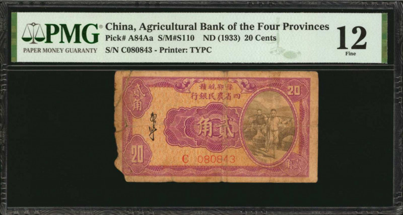 CHINA--REPUBLIC. Agricultural Bank of the Four Provinces. 20 Cents, ND (1933). P...