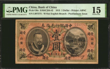 CHINA--REPUBLIC. Bank of China. 1 Dollar, 1913. P-30e. PMG Choice Fine 15.

(S/M#C294-42). Without English branch. Postliminary Issue. PMG comments ...