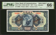 (t) CHINA--REPUBLIC. Bank of Communications. 1 Yuan, 1927. P-145As. Specimen. PMG Gem Uncirculated 66 EPQ.

(S/M#C126-193). Printed by ABNC. Shangha...