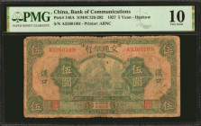 CHINA--REPUBLIC. Bank of Communications. 5 Yuan, 1927. P-146A. PMG Very Good 10.

(S/M#C126-202).

From the Hobart Collection.

Estimate: $100.0...