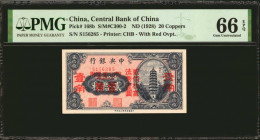 CHINA--REPUBLIC. Central Bank of China. 20 Coppers, ND (1928). P-168b. PMG Gem Uncirculated 66 EPQ.

(S/M#C300-2). With red overprint.

Estimate: ...