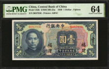 (t) CHINA--REPUBLIC. Central Bank of China. 1 Dollar, 1926. P-182b. PMG Choice Uncirculated 64.

(S/M#C305-22a). Fukien.

Estimate: $250.00 - $500...