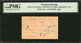 CHINA--MISCELLANEOUS. Telegram Receipt. Eastern Extension, Australia & China Telegraph Co. Ld. 1931. PMG Certified.

Dated March 13, 1931. No. 04-00...