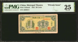 CHINA--MISCELLANEOUS. Metropol Theatre. 20 Cents, 1941. P-Unlisted. Private Issue. PMG Very Fine 25.

PMG comments "Minor Repairs."

Estimate: $10...