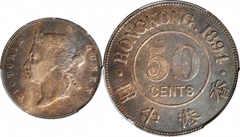 HONG KONG. 50 Cents, 1894. London Mint. Victoria. PCGS Genuine--Chopmark, VF Det...