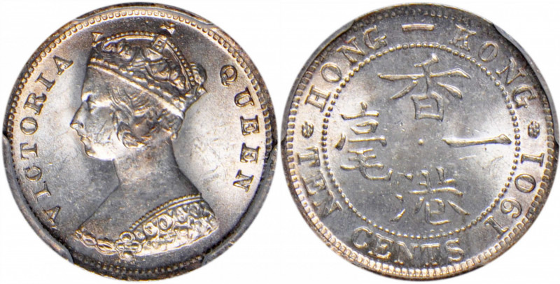 (t) HONG KONG. 10 Cents, 1901. London Mint. Victoria. PCGS MS-64.

KM-6.3. A f...