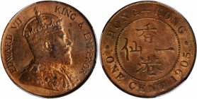 (t) HONG KONG. Cent, 1905-H. Heaton Mint. PCGS MS-63 Red Brown.

KM-12; Mars-C4. An even mix of deep browns and light brass red, this choice example...