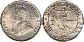 (t) HONG KONG. 10 Cents, 1936. PCGS MS-66.

KM-19. A boldly struck and lustrous Gem, with light champagne toning across the surfaces and a trace of ...