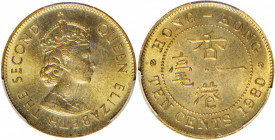 (t) HONG KONG. 10 Cents, 1980. PCGS MS-65.

KM-28.3; Mars-C24. A pleasing Gem with sharp cartwheel luster and light brassy color.

Estimate: $60.0...
