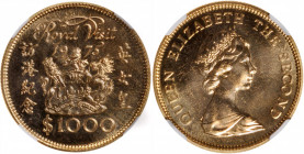 (t) HONG KONG. 1000 Dollars, 1975. NGC MS-67.

Fr-1; KM-38; Mars-G1. Struck to commemorate the royal visit of Queen Elizabeth II. A flashy and bold ...