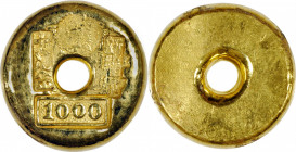 HONG KONG. Gold Tael Ingot, ND. ABOUT UNCIRCULATED.

Weight: 37.431 gms. Uniface, round and holed private bullion coinage. Clear "1000" stamped insi...