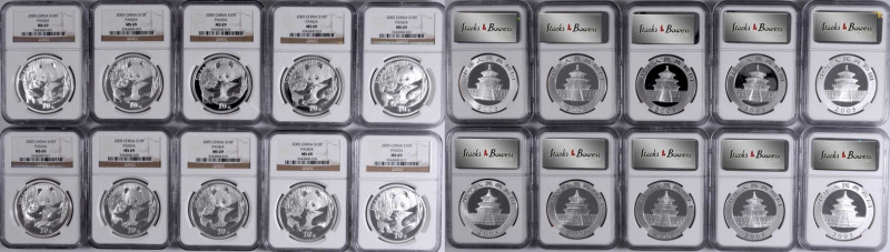 CHINA. Group of 10 Yuan (10 Pieces), 2005. Panda Series. All NGC MS-69 Certified...