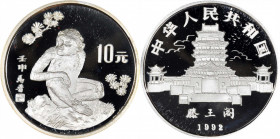 CHINA. 10 Yuan, 1992. Lunar Series, Year of the Monkey. Grade: CHOICE PROOF.

KM-427. A brilliant Proof with mirrored fields and frosty devices. Sol...
