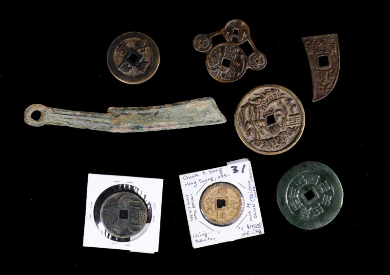 CHINA. Mixed Dynasties. Group of Cash and Charms (8 Pieces), ND (ca. 4th Century...