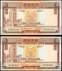 HONG KONG. Lot of (2). Chartered Bank. 5 Dollars, 1975. P-73. Extremely Fine.

One note has a fancy serial number of "A0501501."

Estimate: $100.0...