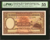 (t) HONG KONG. HK & Shanghai Banking Corp. 5 Dollars, 1954-58. P-180a. PMG About Uncirculated 55.

Printed by BWC. Watermark of warrior's head & 5. ...
