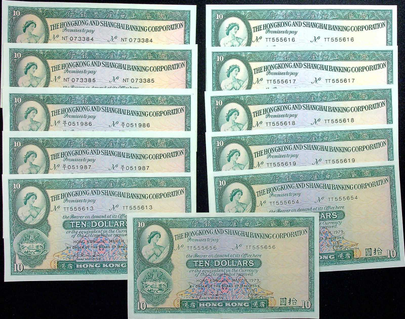 (t) HONG KONG. Lot of (11). Hong Kong & Shanghai Banking Corporation. 10 Dollars...