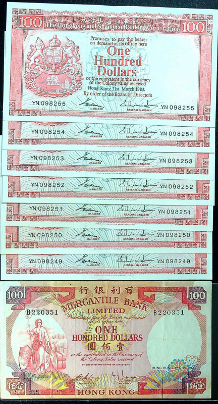 (t) HONG KONG. Lot of I8). Mixed Banks. 100 Dollars, 1974-83. P-187 & 245. Very ...