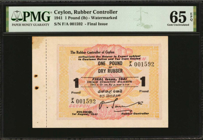 CEYLON. The Rubber Controller of Ceylon. 1 Pound, 1941. P-Unlisted. PMG Gem Unci...