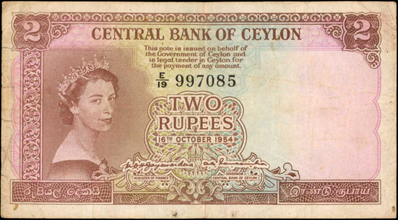 CEYLON. Central Bank of Ceylon. 2 Rupees, 1954. P-50. Fine.

Margin tears are ...