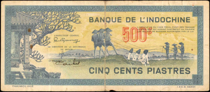 FRENCH INDO-CHINA. Banque de L'Indo-Chine. 500 Piastres, 1944-45. P-68. Fine.
...