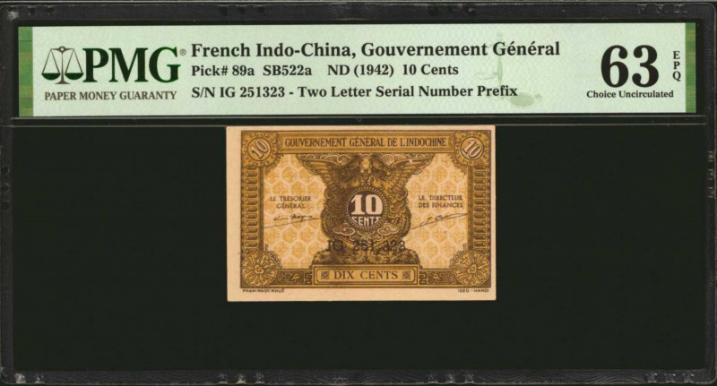 FRENCH INDO-CHINA. Lot of (3). Gouvernment General. 5 & 10 Cents, ND 1939-42). P...