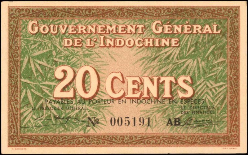 FRENCH INDO-CHINA. Gouvernement General. 20 Cents, ND. P-86c. About Uncirculated...