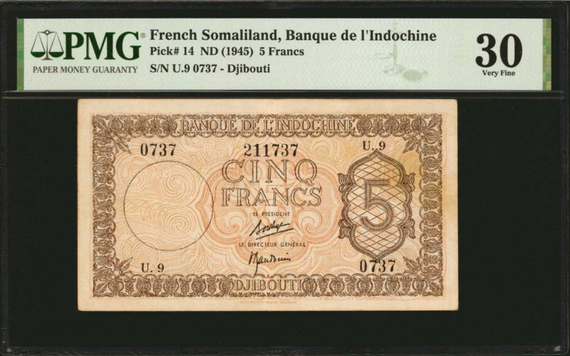 FRENCH SOMALILAND. Banque de L'Indo-Chine. 5 Francs, ND (1945). P-14. PMG Very F...