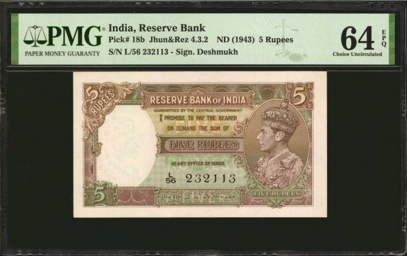 INDIA. Reserve Bank of India. 5 Rupees, ND (1943). P-18b. PMG Choice Uncirculate...