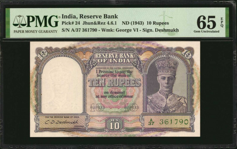 INDIA. Reserve Bank of India. 10 Rupees, ND (1943). P-24. PMG Gem Uncirculated 6...