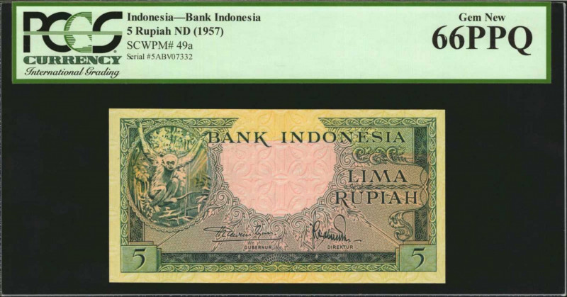 INDONESIA. Bank Indonesia. 5 Rupiah, ND (1957). P-49a. PCGS Currency Gem New 66 ...